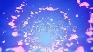 螺旋状闪亮的樱花颗粒。 樱花图案。 日本樱桃舞。 粉红色花瓣的漩涡。 循环动画。